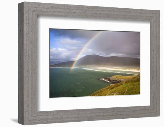 View across the Beach at Seilebost Towards Luskentyre and the Hills of North Harris with a Rainbow-Lee Frost-Framed Photographic Print