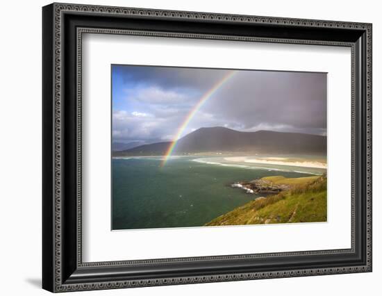 View across the Beach at Seilebost Towards Luskentyre and the Hills of North Harris with a Rainbow-Lee Frost-Framed Photographic Print