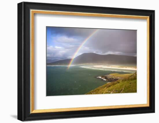 View across the Beach at Seilebost Towards Luskentyre and the Hills of North Harris with a Rainbow-Lee Frost-Framed Photographic Print