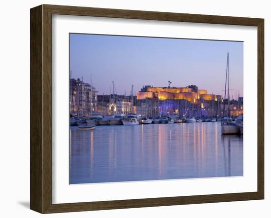 View across the Vieux Port to the Illuminated Fort St.-Nicolas at Dusk, Marseille-Ruth Tomlinson-Framed Photographic Print