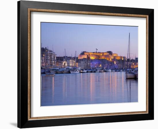 View across the Vieux Port to the Illuminated Fort St.-Nicolas at Dusk, Marseille-Ruth Tomlinson-Framed Photographic Print