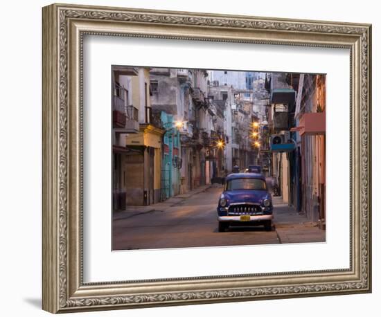 View Along Quiet Street at Dawn Showing Old American Car and Street Lights Still On, Havana, Cuba-Lee Frost-Framed Photographic Print