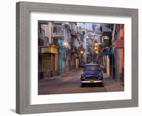 View Along Quiet Street at Dawn Showing Old American Car and Street Lights Still On, Havana, Cuba-Lee Frost-Framed Photographic Print