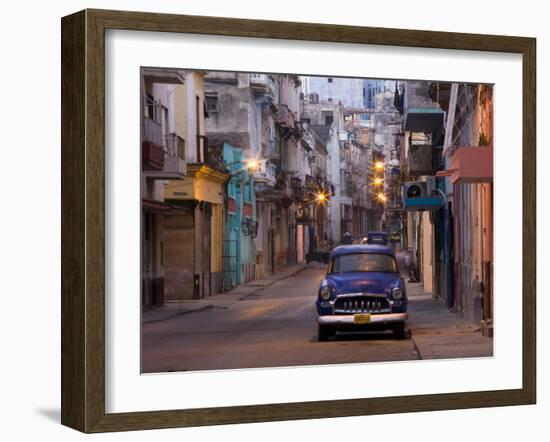 View Along Quiet Street at Dawn Showing Old American Car and Street Lights Still On, Havana, Cuba-Lee Frost-Framed Photographic Print