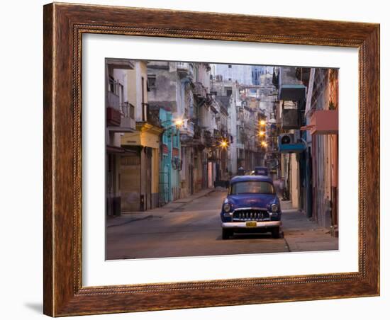 View Along Quiet Street at Dawn Showing Old American Car and Street Lights Still On, Havana, Cuba-Lee Frost-Framed Photographic Print