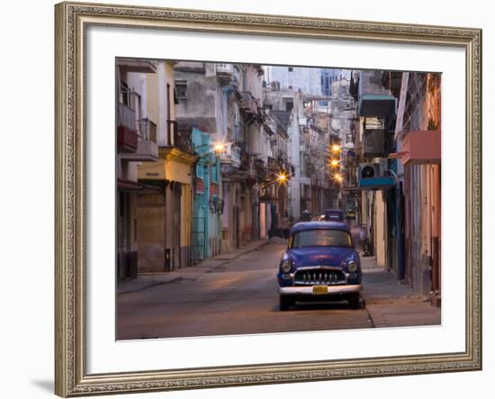 View Along Quiet Street at Dawn Showing Old American Car and Street Lights Still On, Havana, Cuba-Lee Frost-Framed Photographic Print