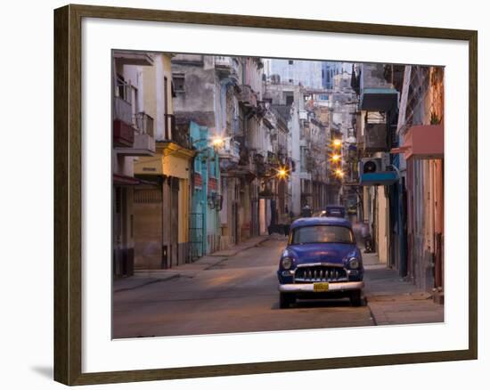 View Along Quiet Street at Dawn Showing Old American Car and Street Lights Still On, Havana, Cuba-Lee Frost-Framed Photographic Print