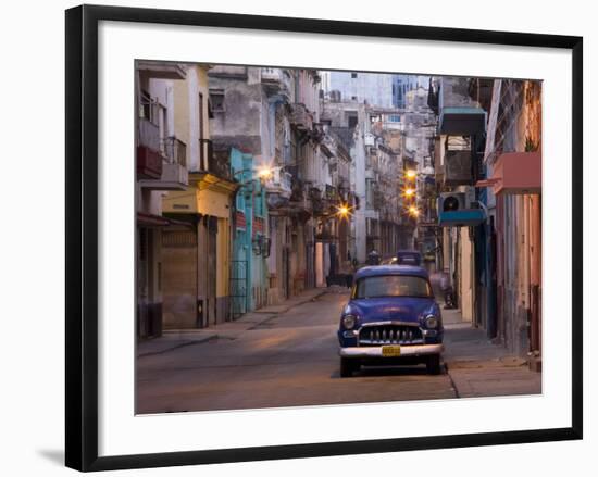 View Along Quiet Street at Dawn Showing Old American Car and Street Lights Still On, Havana, Cuba-Lee Frost-Framed Photographic Print