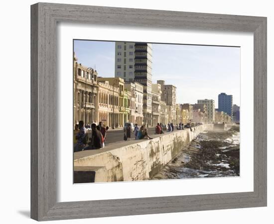 View Along the Malecon, People Sitting on the Seawall Enjoying the Evening Sunshine, Havana, Cuba-Lee Frost-Framed Photographic Print