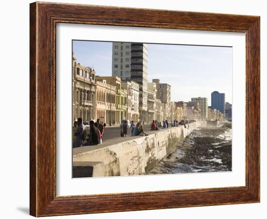 View Along the Malecon, People Sitting on the Seawall Enjoying the Evening Sunshine, Havana, Cuba-Lee Frost-Framed Photographic Print