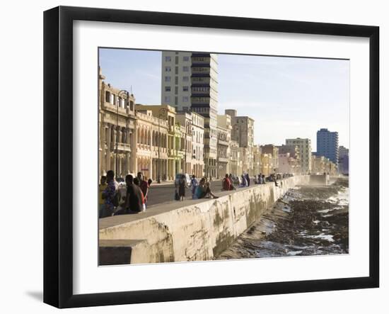 View Along the Malecon, People Sitting on the Seawall Enjoying the Evening Sunshine, Havana, Cuba-Lee Frost-Framed Photographic Print