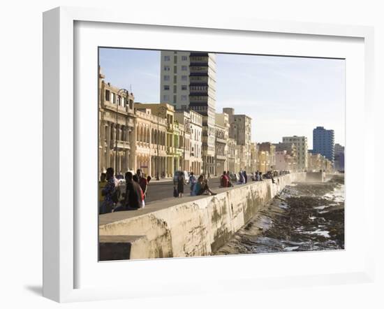 View Along the Malecon, People Sitting on the Seawall Enjoying the Evening Sunshine, Havana, Cuba-Lee Frost-Framed Photographic Print