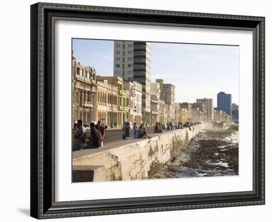 View Along the Malecon, People Sitting on the Seawall Enjoying the Evening Sunshine, Havana, Cuba-Lee Frost-Framed Photographic Print