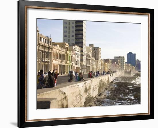 View Along the Malecon, People Sitting on the Seawall Enjoying the Evening Sunshine, Havana, Cuba-Lee Frost-Framed Photographic Print