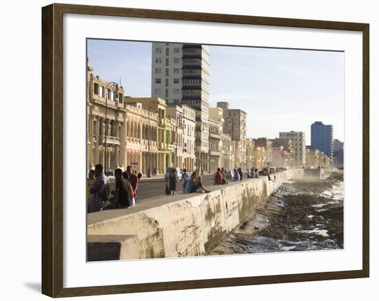 View Along the Malecon, People Sitting on the Seawall Enjoying the Evening Sunshine, Havana, Cuba-Lee Frost-Framed Photographic Print