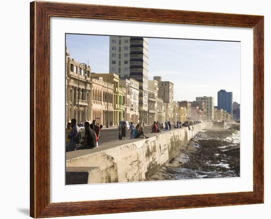 View Along the Malecon, People Sitting on the Seawall Enjoying the Evening Sunshine, Havana, Cuba-Lee Frost-Framed Photographic Print