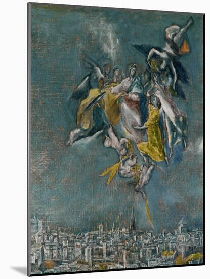 View and map of Toledo. Detail: Virgin and angels protecting Toledo-null-Mounted Giclee Print