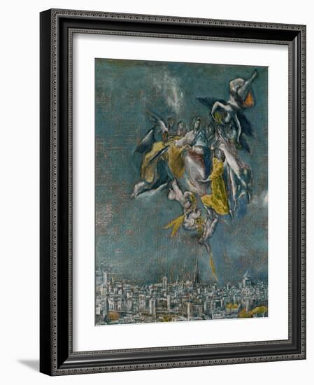 View and map of Toledo. Detail: Virgin and angels protecting Toledo-null-Framed Giclee Print