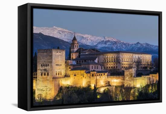 View at dusk of Alhambra palace with the snowy Sierra Nevada in the background, Granada, Andalusia,-Stefano Politi Markovina-Framed Premier Image Canvas