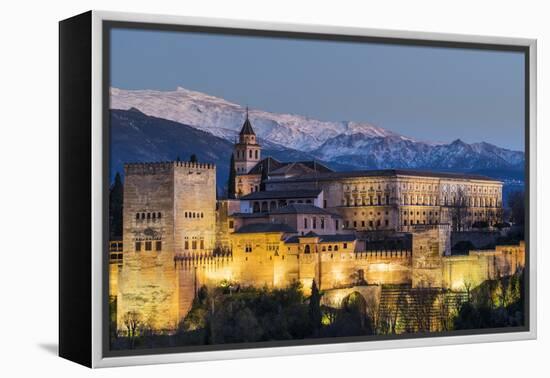 View at dusk of Alhambra palace with the snowy Sierra Nevada in the background, Granada, Andalusia,-Stefano Politi Markovina-Framed Premier Image Canvas