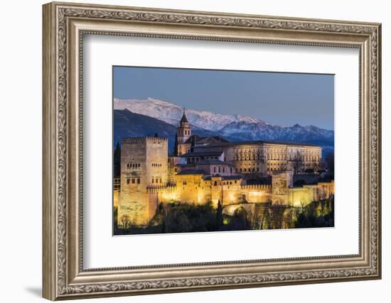 View at dusk of Alhambra palace with the snowy Sierra Nevada in the background, Granada, Andalusia,-Stefano Politi Markovina-Framed Photographic Print