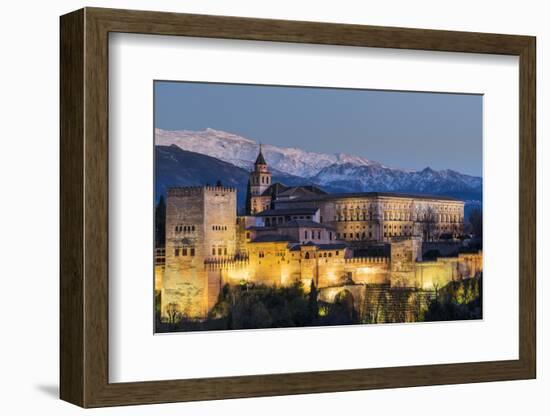 View at dusk of Alhambra palace with the snowy Sierra Nevada in the background, Granada, Andalusia,-Stefano Politi Markovina-Framed Photographic Print