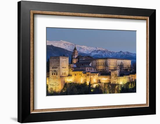 View at dusk of Alhambra palace with the snowy Sierra Nevada in the background, Granada, Andalusia,-Stefano Politi Markovina-Framed Photographic Print