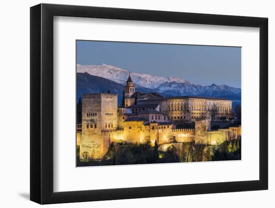 View at dusk of Alhambra palace with the snowy Sierra Nevada in the background, Granada, Andalusia,-Stefano Politi Markovina-Framed Photographic Print