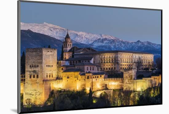 View at dusk of Alhambra palace with the snowy Sierra Nevada in the background, Granada, Andalusia,-Stefano Politi Markovina-Mounted Photographic Print