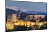 View at dusk of Alhambra palace with the snowy Sierra Nevada in the background, Granada, Andalusia,-Stefano Politi Markovina-Mounted Photographic Print