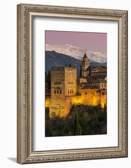 View at dusk of Alhambra palace with the snowy Sierra Nevada in the background, Granada, Andalusia,-Stefano Politi Markovina-Framed Photographic Print