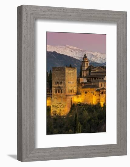 View at dusk of Alhambra palace with the snowy Sierra Nevada in the background, Granada, Andalusia,-Stefano Politi Markovina-Framed Photographic Print