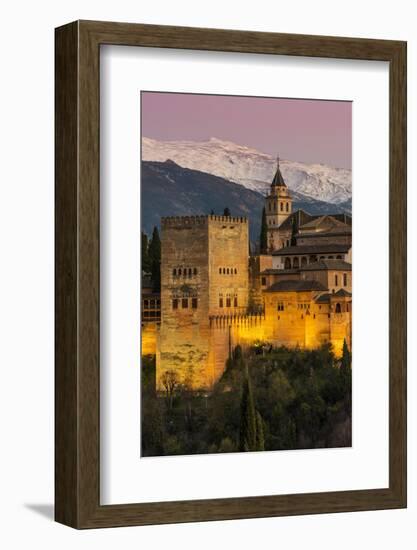 View at dusk of Alhambra palace with the snowy Sierra Nevada in the background, Granada, Andalusia,-Stefano Politi Markovina-Framed Photographic Print