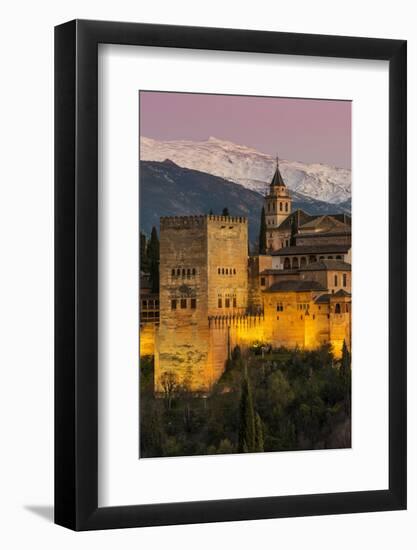 View at dusk of Alhambra palace with the snowy Sierra Nevada in the background, Granada, Andalusia,-Stefano Politi Markovina-Framed Photographic Print