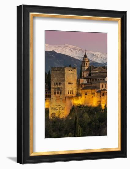 View at dusk of Alhambra palace with the snowy Sierra Nevada in the background, Granada, Andalusia,-Stefano Politi Markovina-Framed Photographic Print