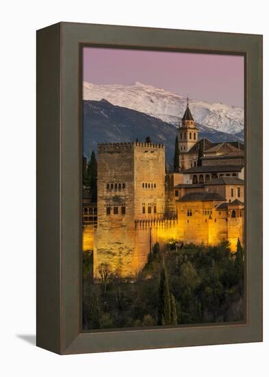 View at dusk of Alhambra palace with the snowy Sierra Nevada in the background, Granada, Andalusia,-Stefano Politi Markovina-Framed Premier Image Canvas