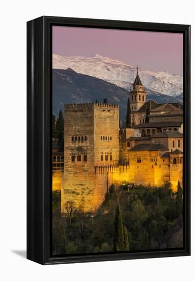 View at dusk of Alhambra palace with the snowy Sierra Nevada in the background, Granada, Andalusia,-Stefano Politi Markovina-Framed Premier Image Canvas