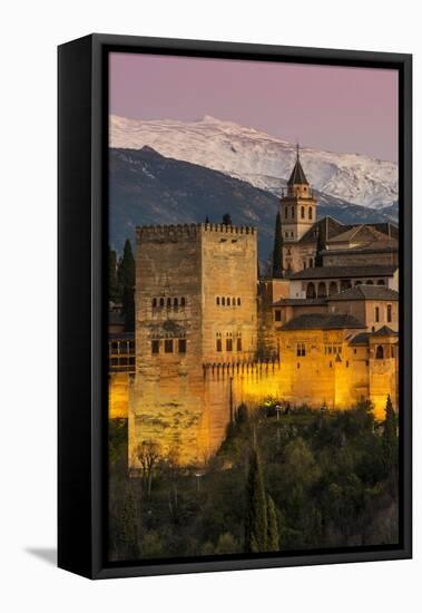 View at dusk of Alhambra palace with the snowy Sierra Nevada in the background, Granada, Andalusia,-Stefano Politi Markovina-Framed Premier Image Canvas