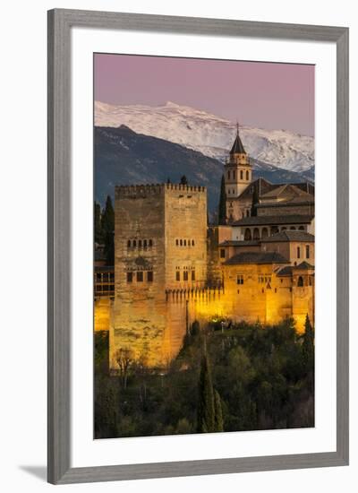 View at dusk of Alhambra palace with the snowy Sierra Nevada in the background, Granada, Andalusia,-Stefano Politi Markovina-Framed Photographic Print