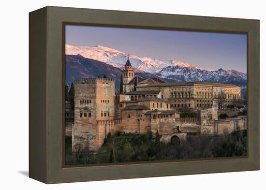 View at sunset of Alhambra palace with the snowy Sierra Nevada in the background, Granada, Andalusi-Stefano Politi Markovina-Framed Premier Image Canvas