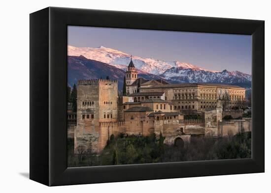 View at sunset of Alhambra palace with the snowy Sierra Nevada in the background, Granada, Andalusi-Stefano Politi Markovina-Framed Premier Image Canvas