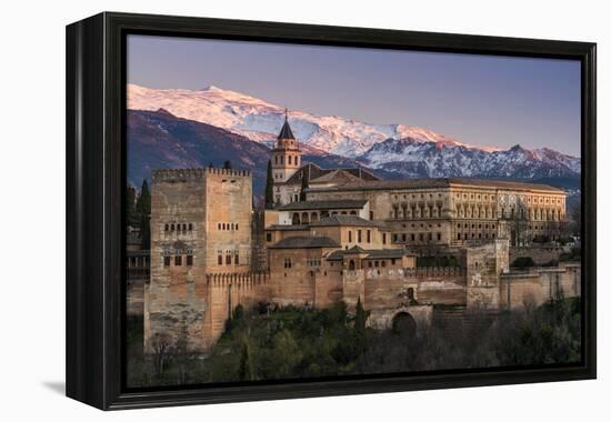 View at sunset of Alhambra palace with the snowy Sierra Nevada in the background, Granada, Andalusi-Stefano Politi Markovina-Framed Premier Image Canvas