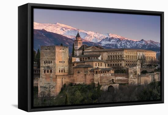 View at sunset of Alhambra palace with the snowy Sierra Nevada in the background, Granada, Andalusi-Stefano Politi Markovina-Framed Premier Image Canvas