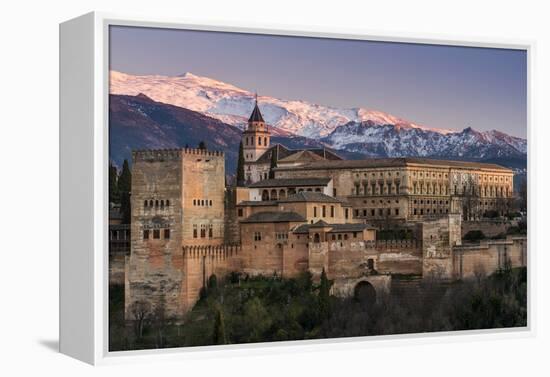 View at sunset of Alhambra palace with the snowy Sierra Nevada in the background, Granada, Andalusi-Stefano Politi Markovina-Framed Premier Image Canvas