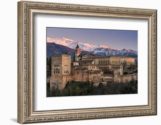 View at sunset of Alhambra palace with the snowy Sierra Nevada in the background, Granada, Andalusi-Stefano Politi Markovina-Framed Photographic Print