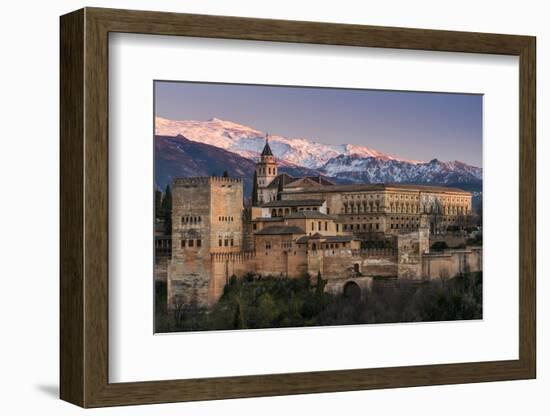 View at sunset of Alhambra palace with the snowy Sierra Nevada in the background, Granada, Andalusi-Stefano Politi Markovina-Framed Photographic Print