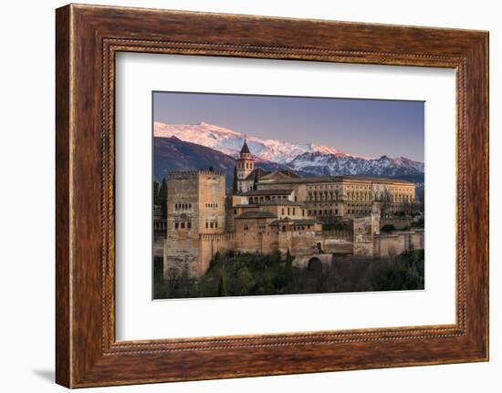 View at sunset of Alhambra palace with the snowy Sierra Nevada in the background, Granada, Andalusi-Stefano Politi Markovina-Framed Photographic Print