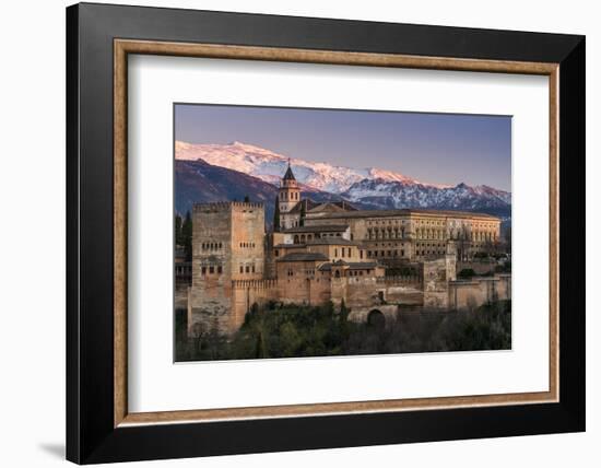 View at sunset of Alhambra palace with the snowy Sierra Nevada in the background, Granada, Andalusi-Stefano Politi Markovina-Framed Photographic Print