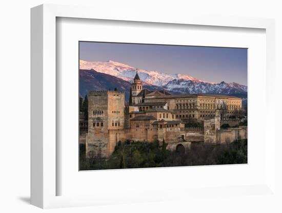 View at sunset of Alhambra palace with the snowy Sierra Nevada in the background, Granada, Andalusi-Stefano Politi Markovina-Framed Photographic Print