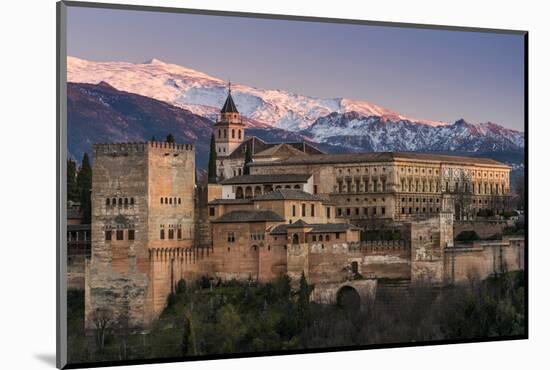 View at sunset of Alhambra palace with the snowy Sierra Nevada in the background, Granada, Andalusi-Stefano Politi Markovina-Mounted Photographic Print